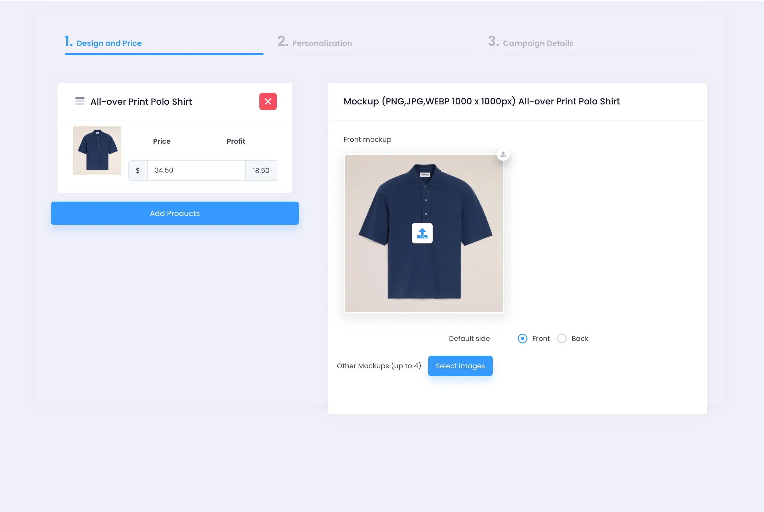 Upload file mockup tại tab Design and Price