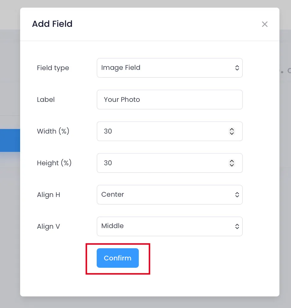 Popup cấu hình Image Field
