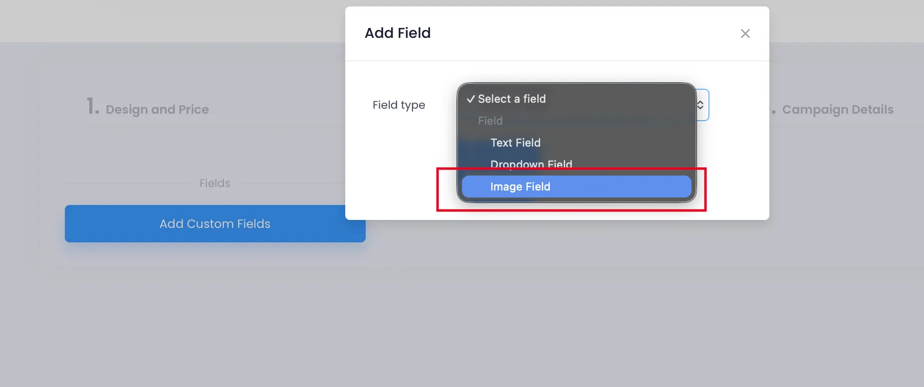 Chọn loại trường là Image Field trong popup